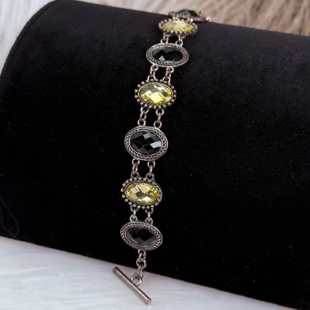 Vintage aged Silvertone Yellow Black Bling Accents Link Toggle Closure Bracelet